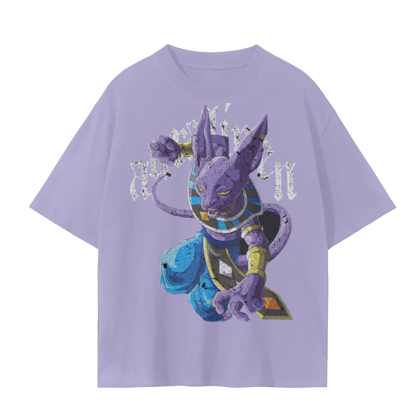 Unisex seamless t-shirt with Dragon Ball Super Beerus graphic on lavender 100% cotton fabric