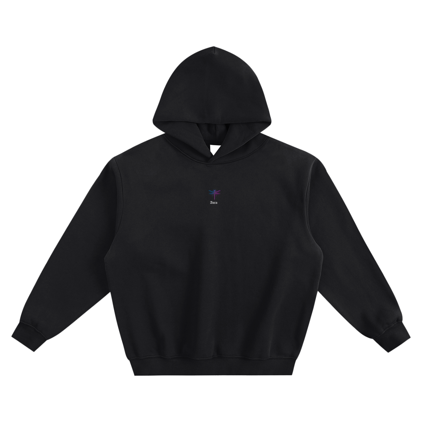 Unisex boxy heavyweight black zip-up hoodie with small logo on chest, thick cotton blend fabric, loose fit streetwear style