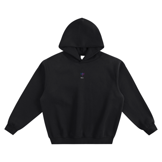 Unisex boxy heavyweight black zip-up hoodie with small logo on chest, thick cotton blend fabric, loose fit streetwear style
