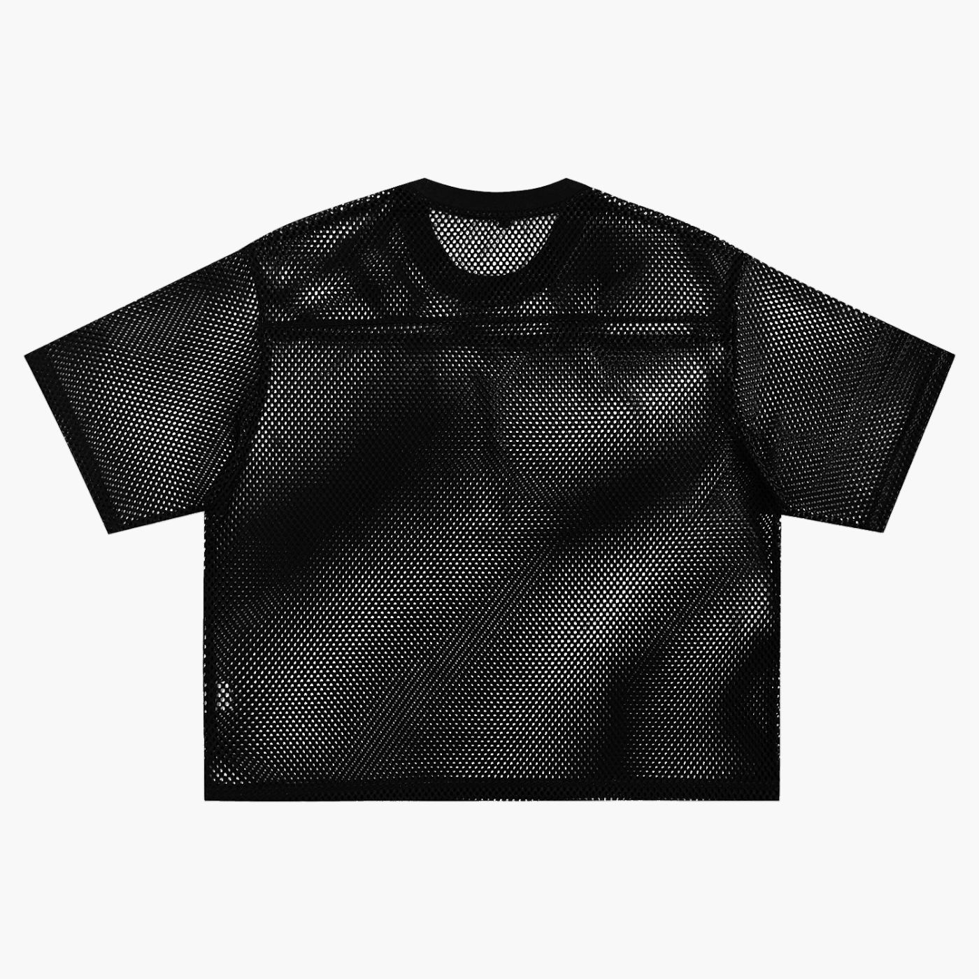 See-through boxy net t-shirt in black polyester mesh with short sleeves and round neck