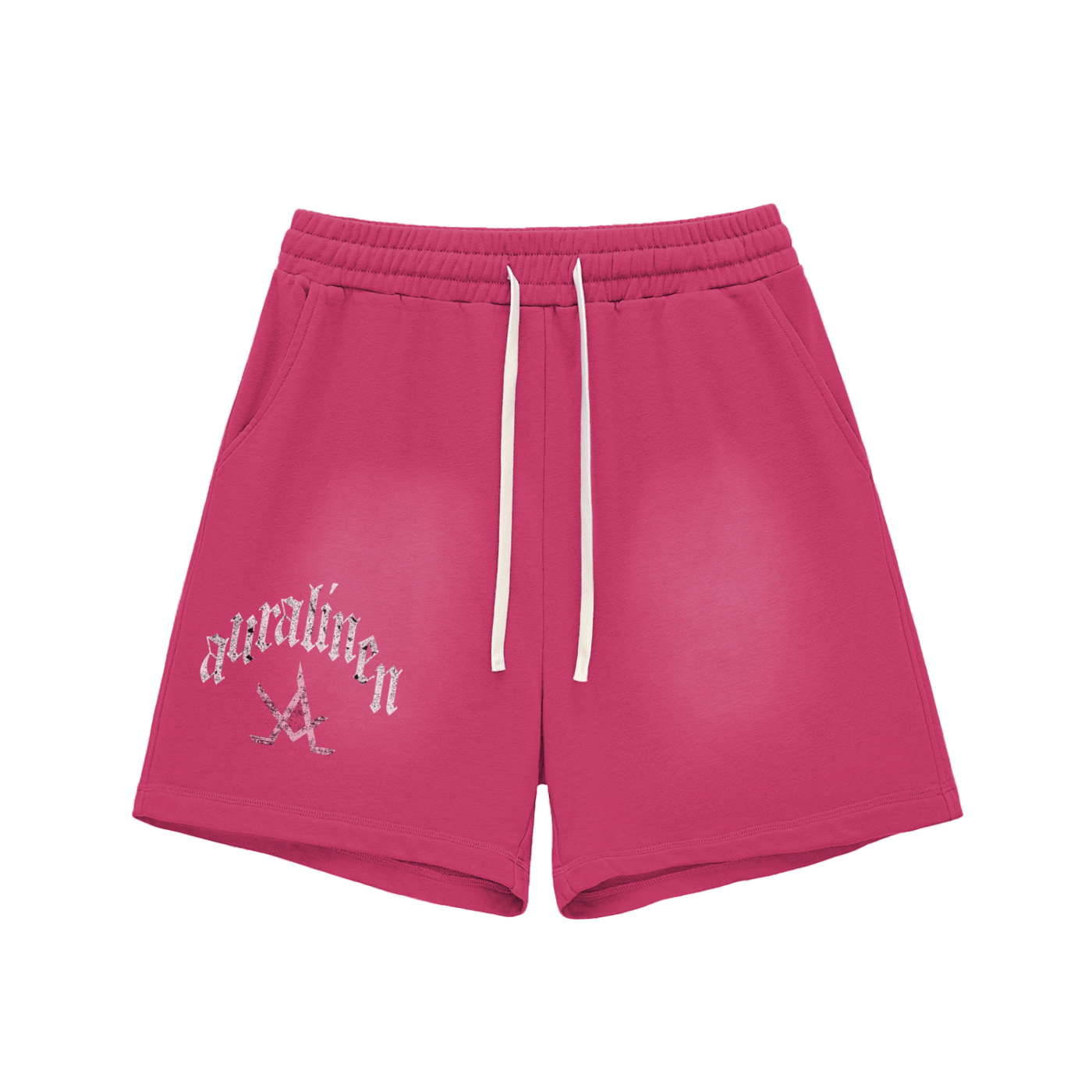 Sun fade raw edge cotton shorts in pink with drawstring and printed design, unisex loose fit, thick cotton blend fabric