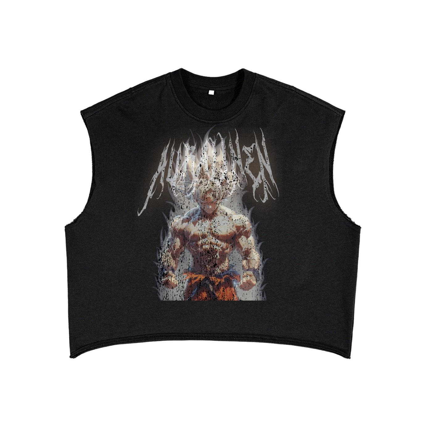 Black sleeveless muscle tank top featuring anime-style Goku Aura graphic print on front