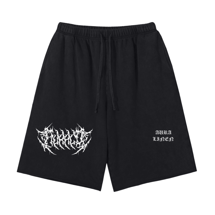Black AuraCo shorts with logo print, casual streetwear, 100% cotton, mid-waist, loose fit