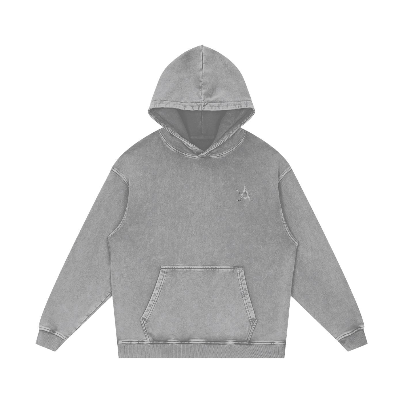 Unisex oversized logo acid wash hoodie in grey 100% cotton with front pocket and rib cuffs