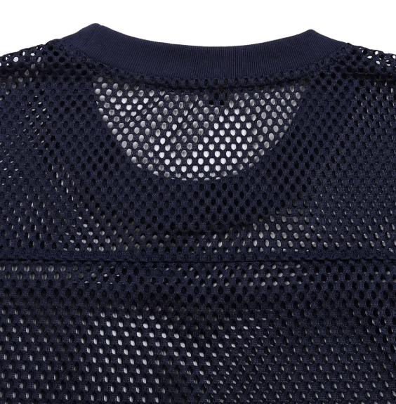 Close-up of black see-through boxy net mesh fabric with round neck, unisex streetwear jersey