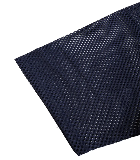 Close-up of navy blue see-through boxy net mesh fabric for unisex streetwear jersey