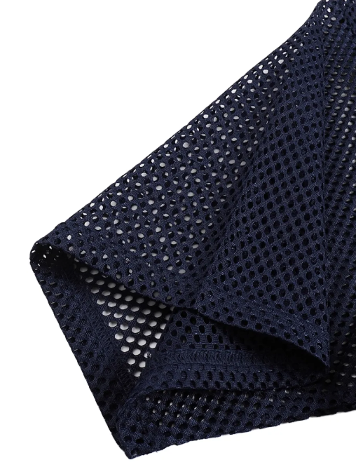 See-through boxy net mesh fabric in navy blue for premium streetwear jersey