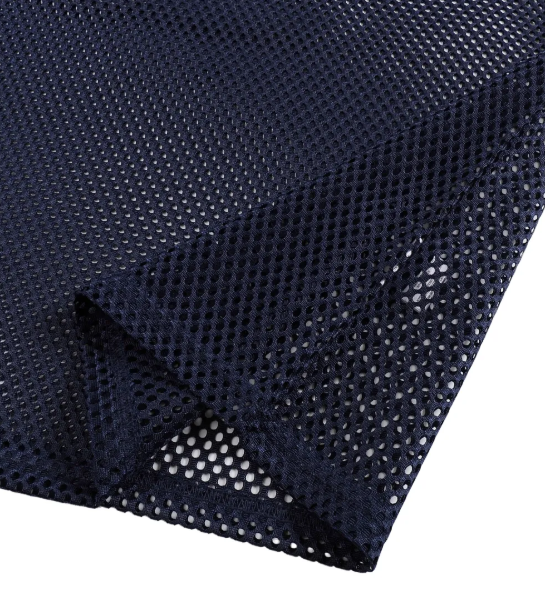 Close-up of black see-through boxy net mesh fabric for premium streetwear jersey