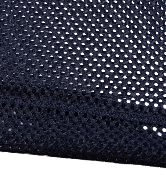 Close-up of black see-through boxy net mesh fabric for premium streetwear jersey