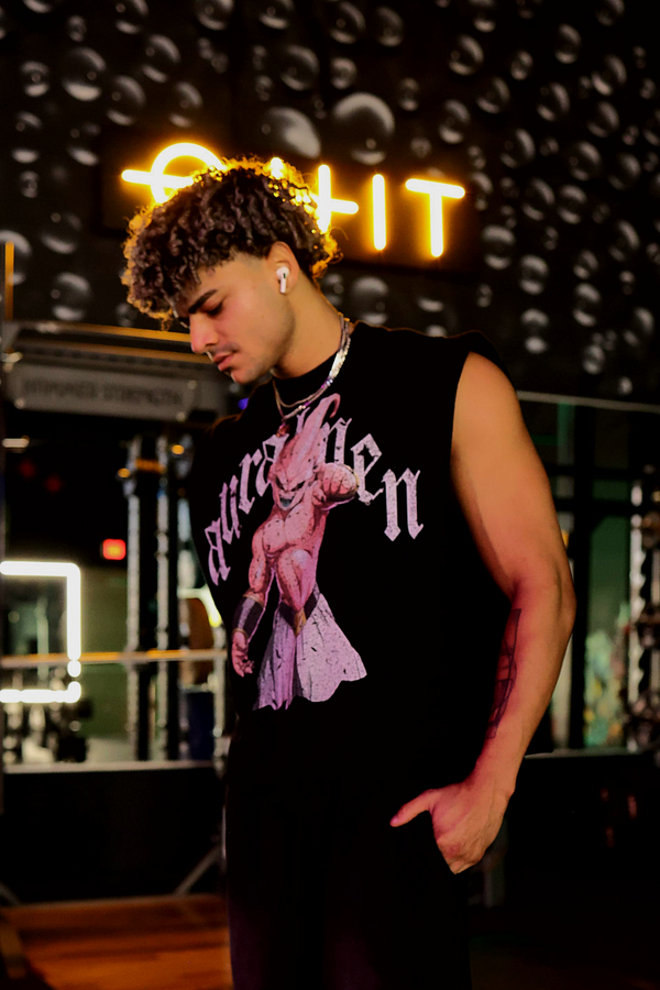 Unisex Anime Dragon Ball Z Kid Buu sleeveless tank top in French Terry boxy style for casual streetwear