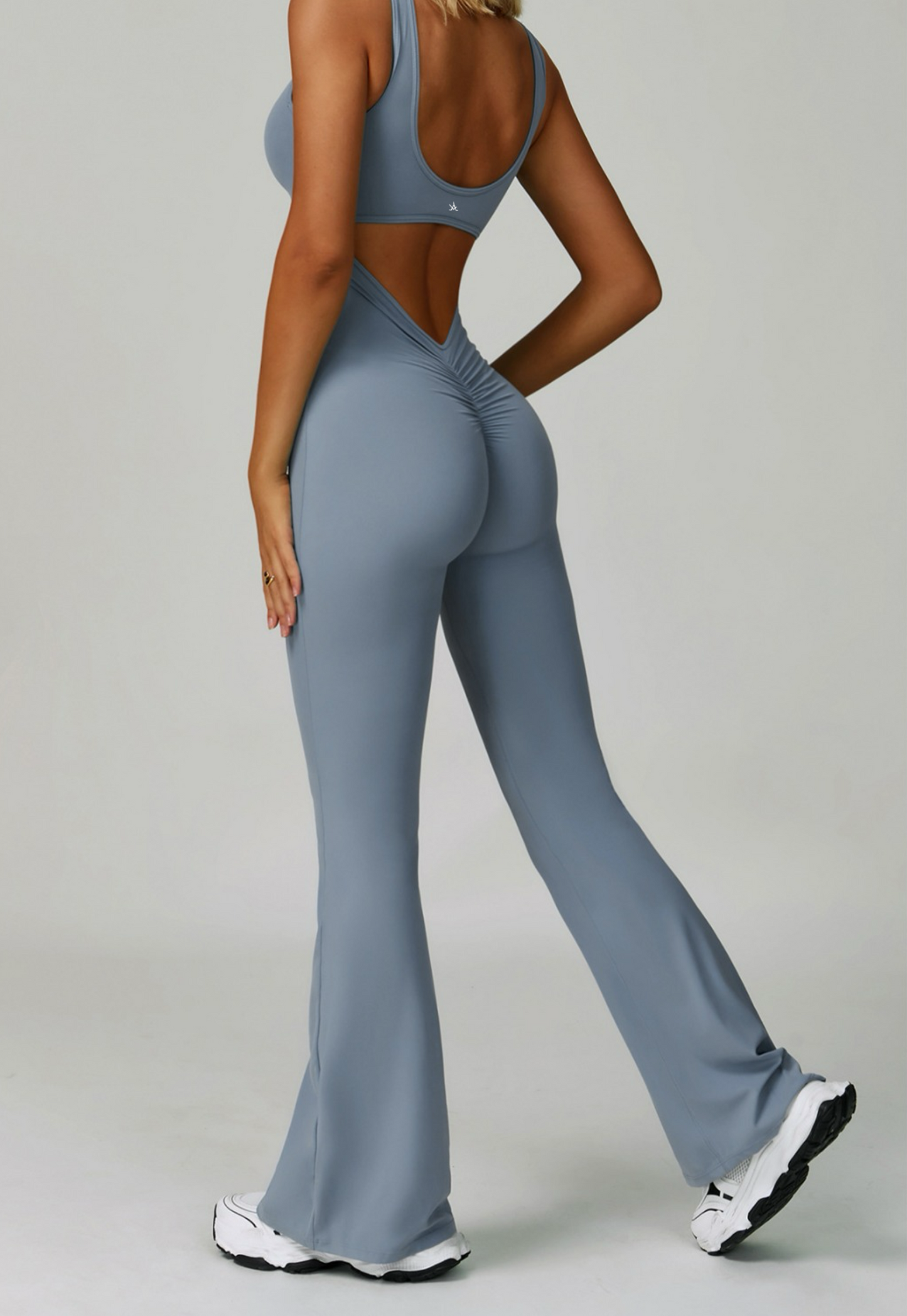 Aura Women’s Slate Blue Bodysuit – Flared Leg Jumpsuit for Activewear and Street Style
