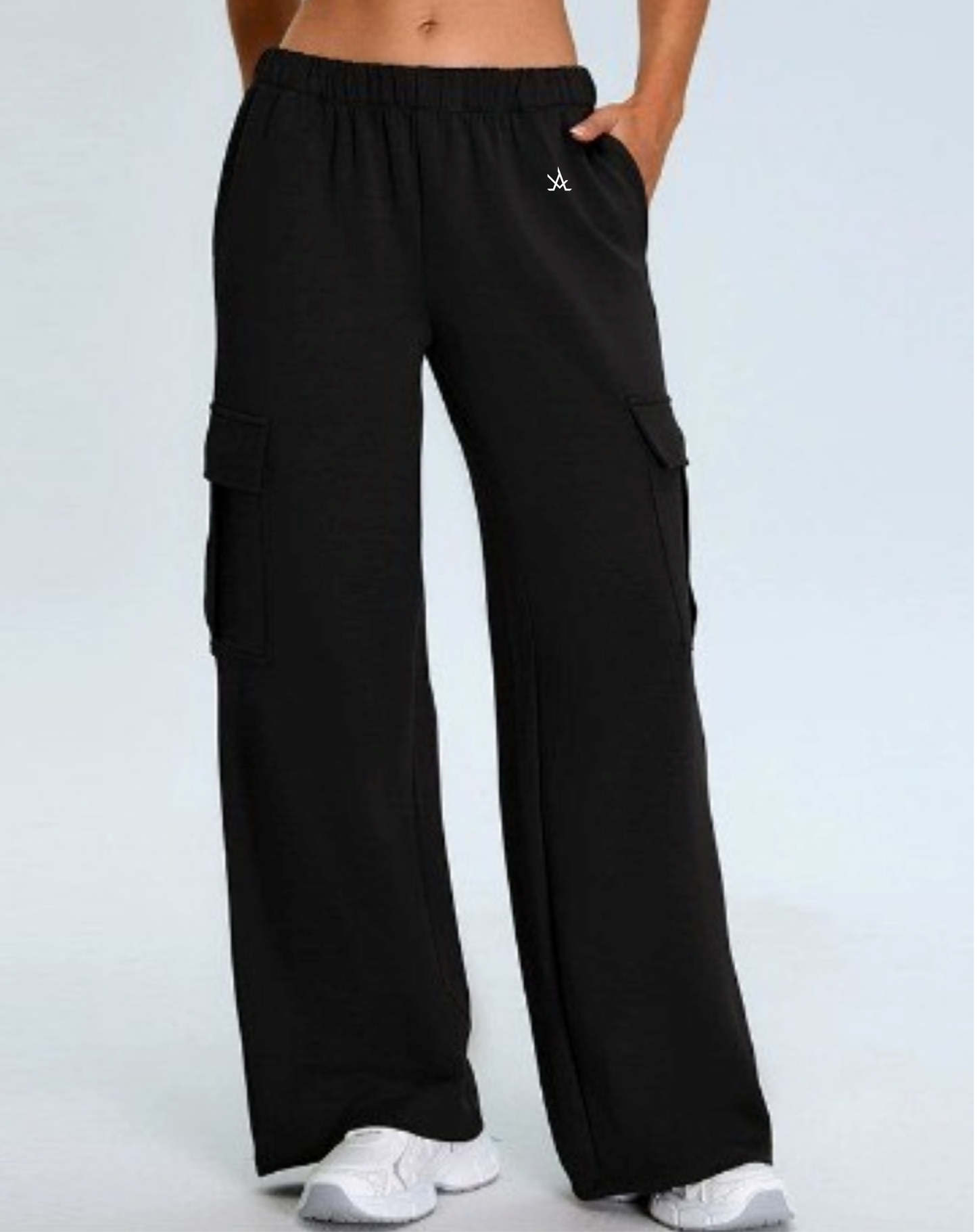 Black premium active sweat pants for women with cargo pockets, elastic waistband, perfect for workouts and casual wear