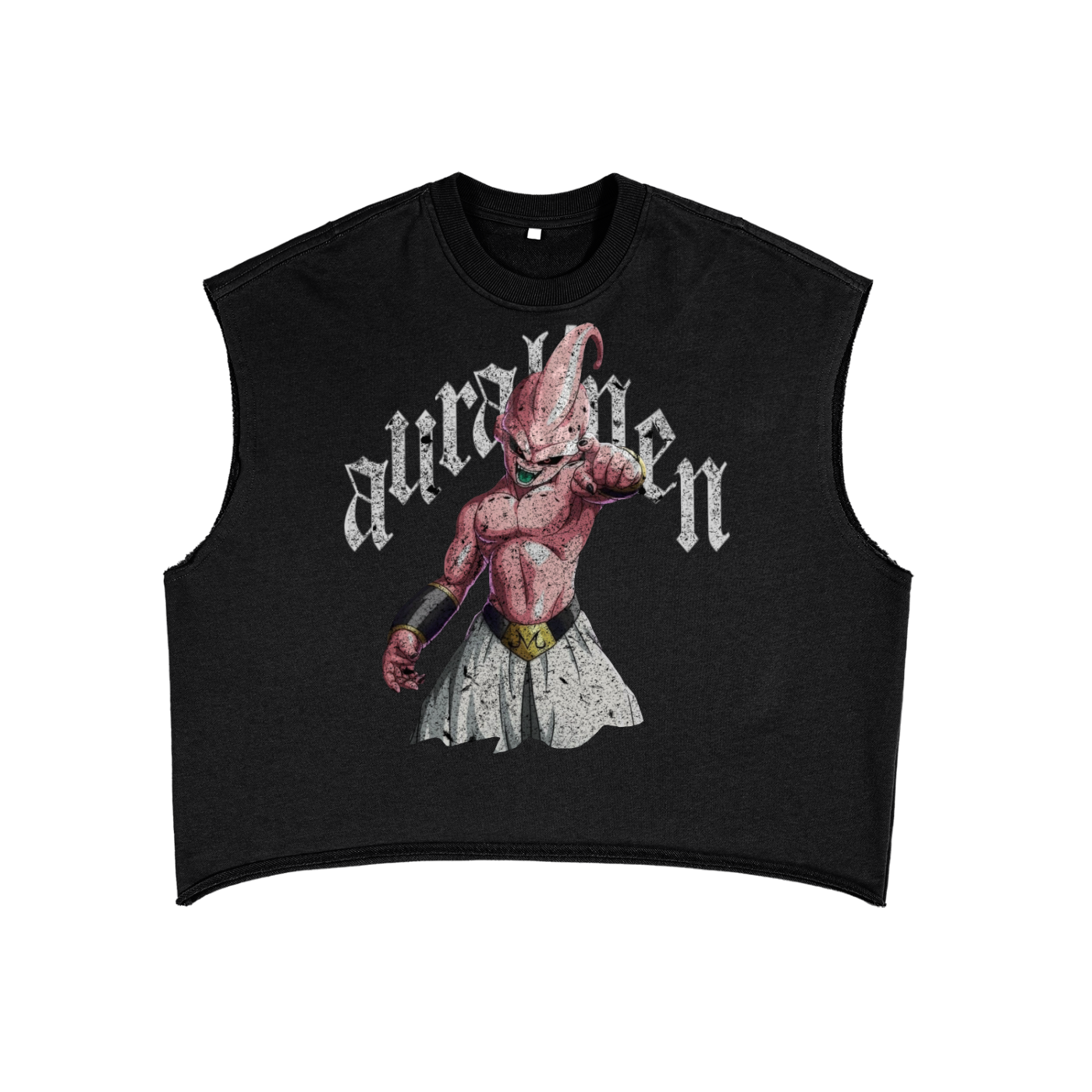 Unisex French Terry Boxy tank top with Dragon Ball Z Kid Buu design in black cotton blend fabric