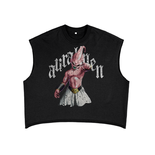 Unisex French Terry Boxy tank top with Dragon Ball Z Kid Buu design in black cotton blend fabric
