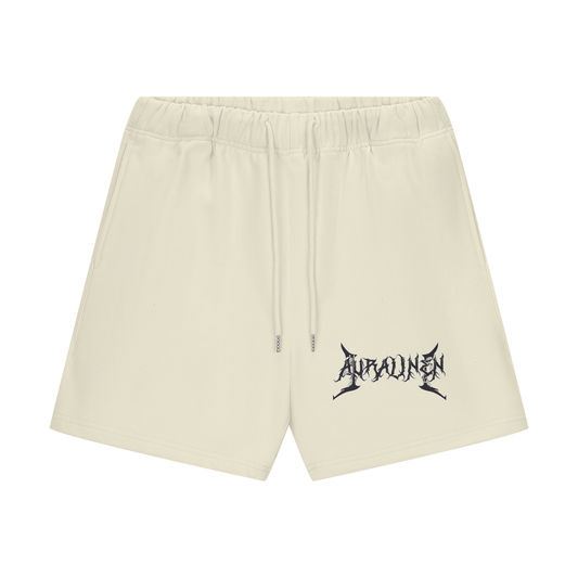 Loose fit beige graphic shorts with "AURAONE" text design, cotton blend fabric, casual streetwear style