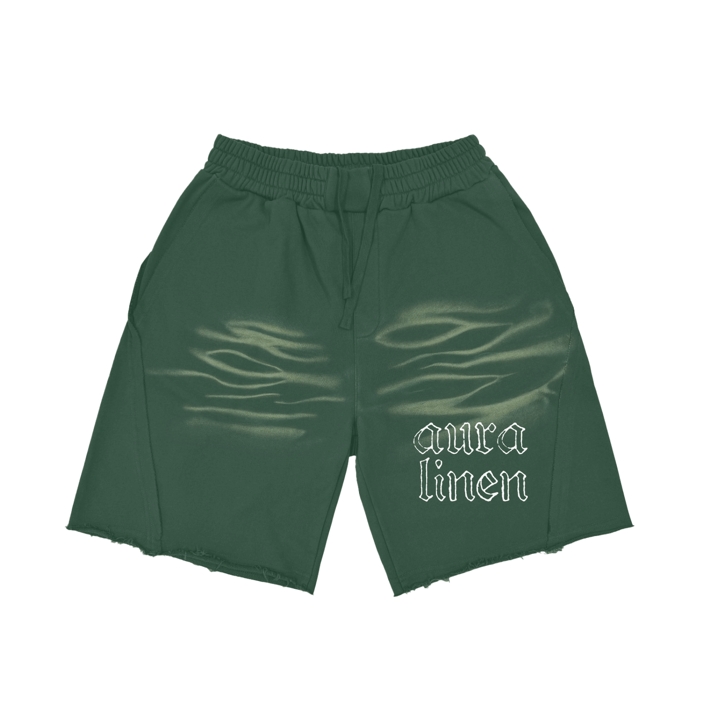 Dark green relaxed fit Aura shorts with elastic waistband and "aura linen" text design, made from thick 100% cotton fabric.