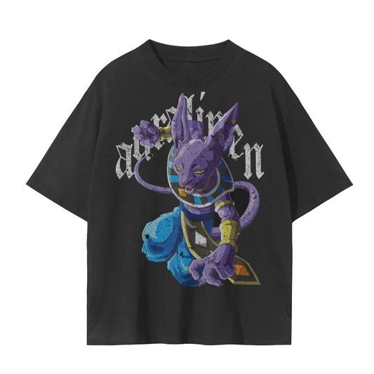 Unisex seamless black cotton T-shirt with Dragon Ball Super Beerus graphic and aura design
