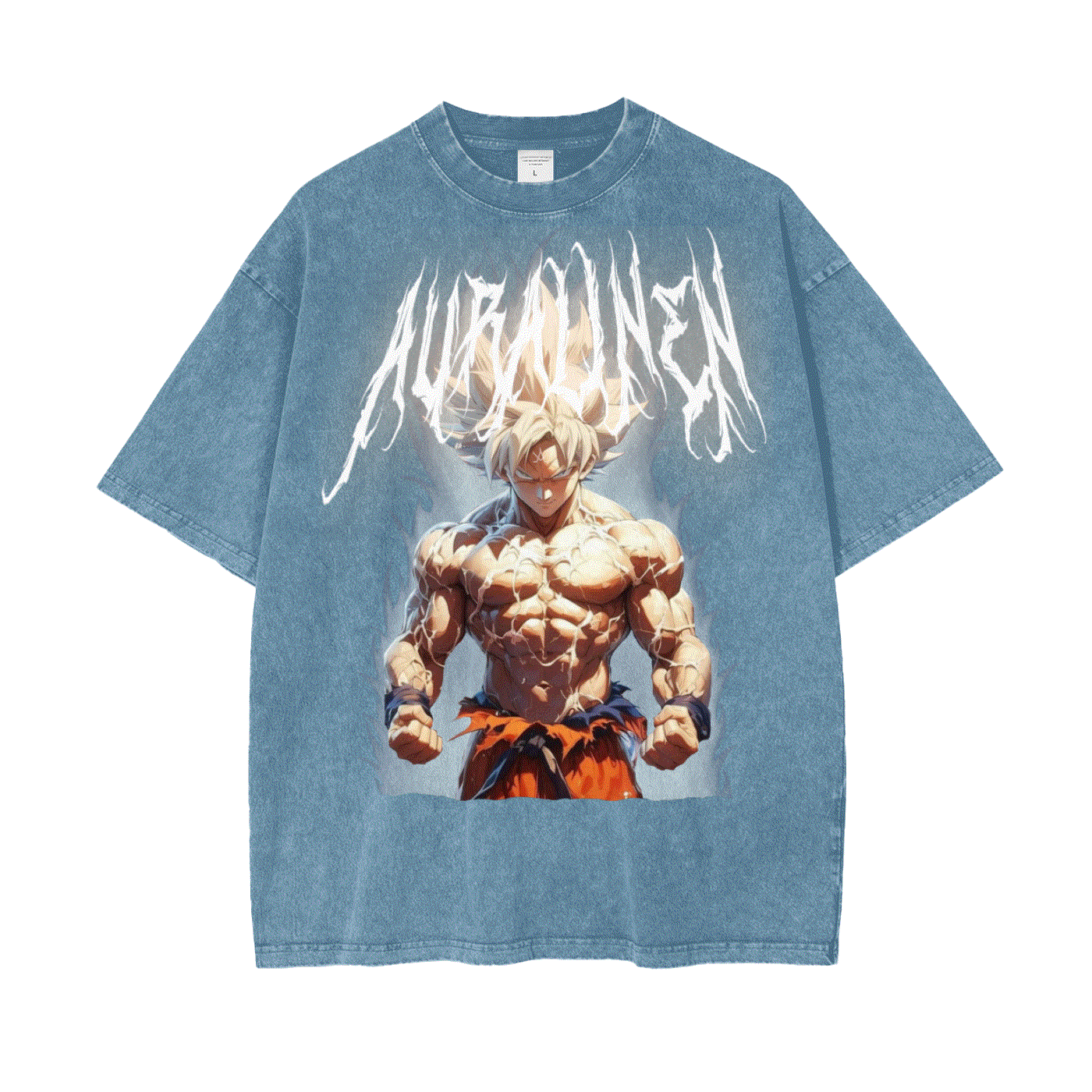 Blue cotton Goku Aura graphic t-shirt with loose fit and snow wash finish.