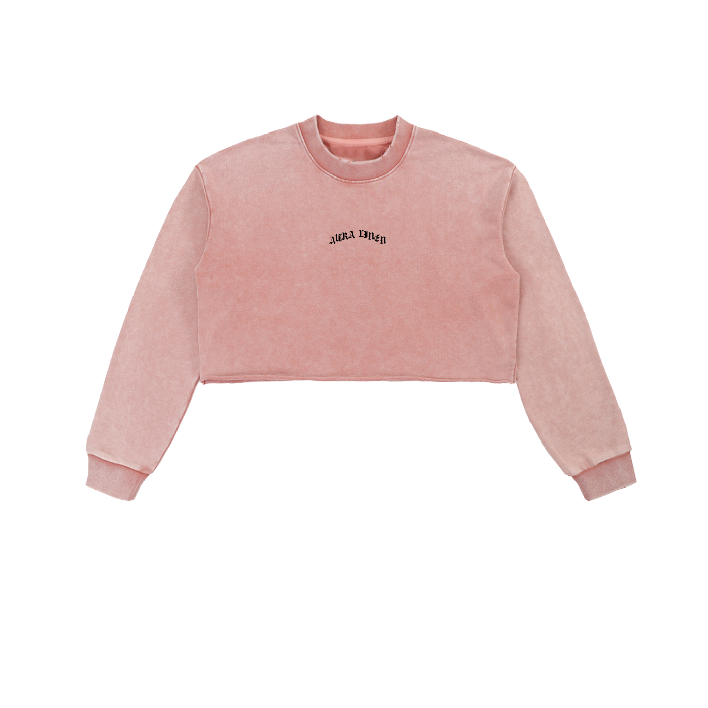 Women's snow washed raw edge cropped sweatshirt in pink cotton with long sleeves and round neck