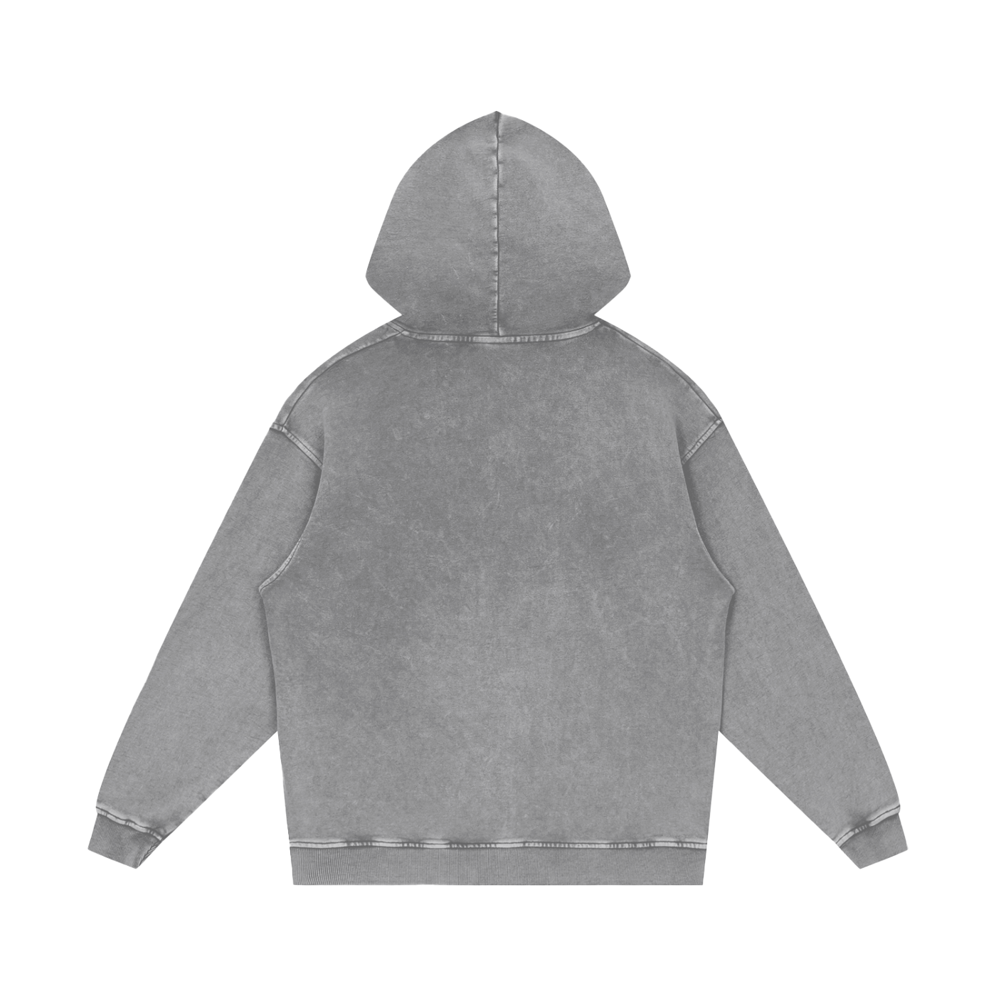 Back view of unisex Logo Acid Wash Hoodie oversized in grey 100% cotton with rib cuffs and hood