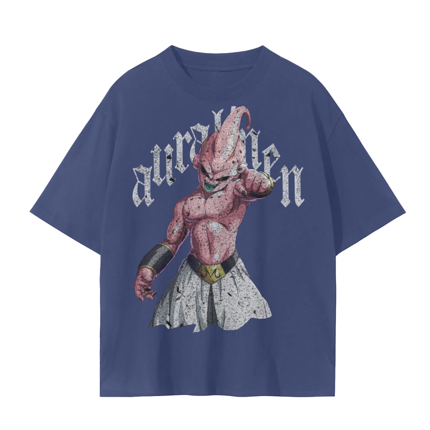 Unisex seamless cotton T-shirt with Anime Dragon Ball Z Kid Buu graphic design in blue.