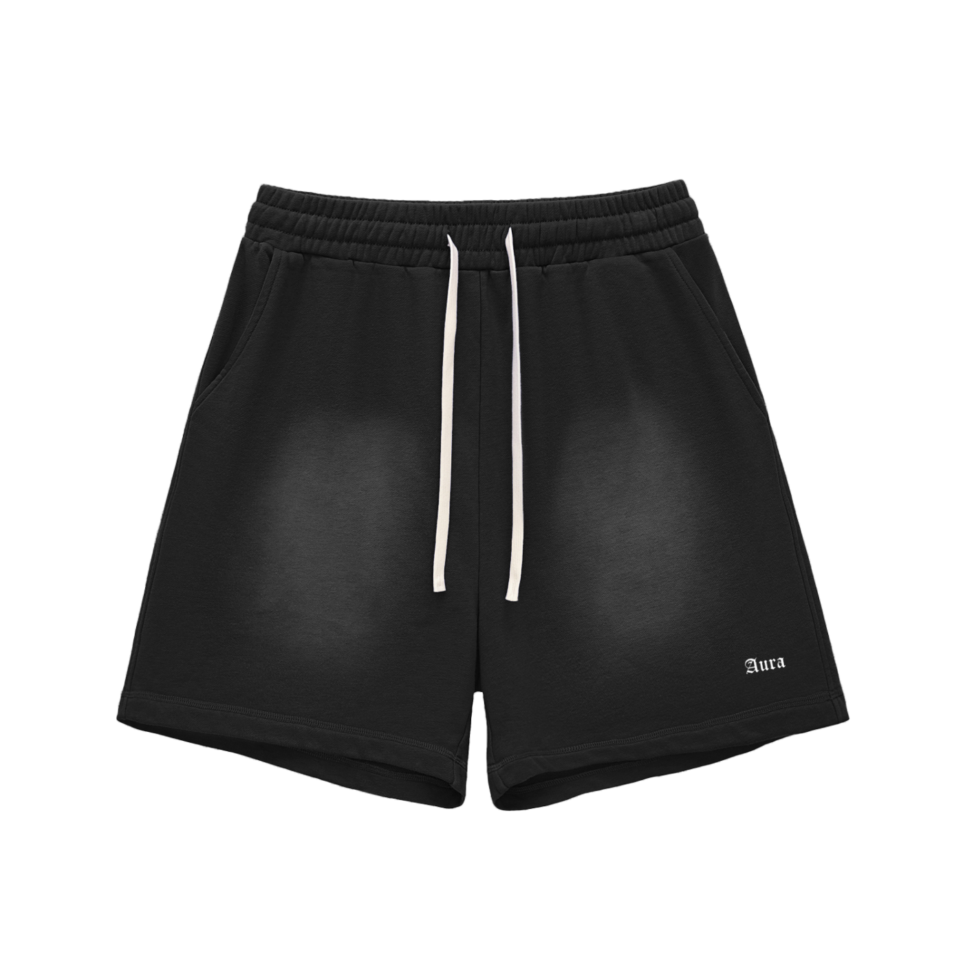 Unisex Aura sun fade raw edge cotton shorts with loose fit and drawstring waistband in black