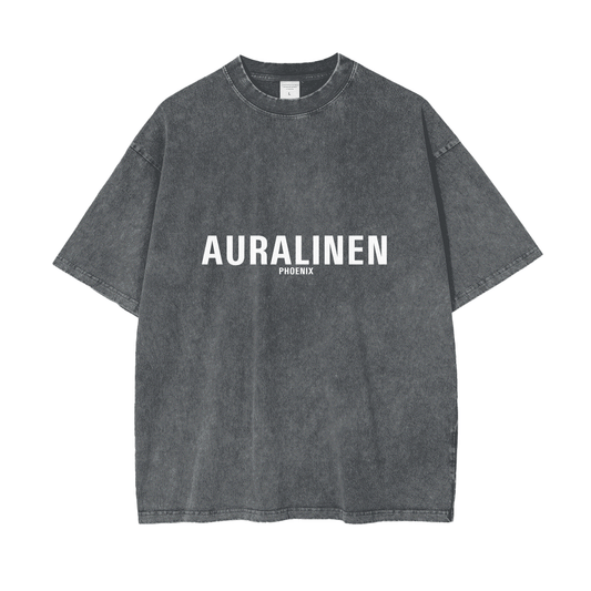 Aura Linen Phoenix Tee black washed cotton short sleeve casual loose fit t-shirt with white logo print
