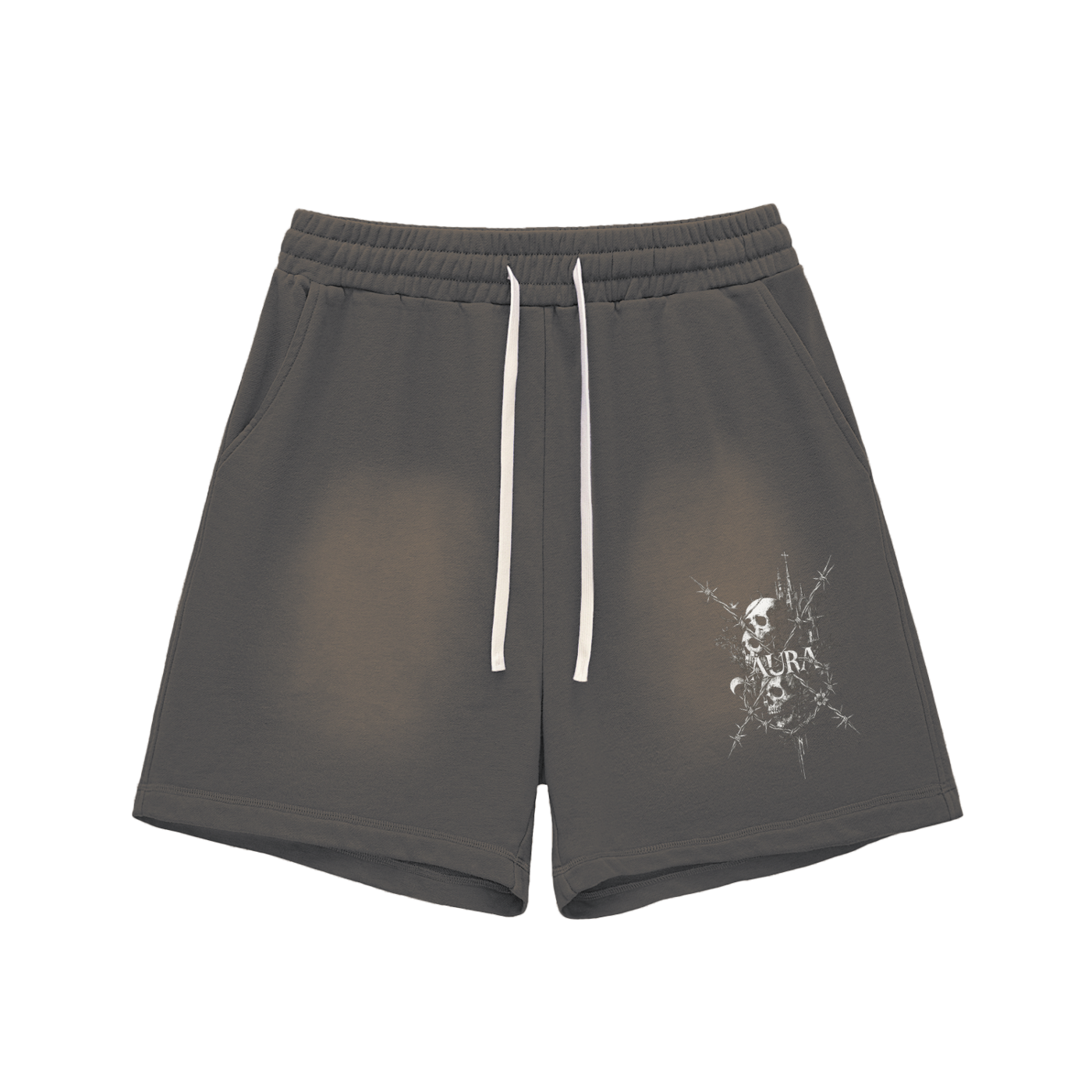 Unisex Sun Fade Raw Edge cotton shorts with skull graphic, drawstring waist, and loose fit.