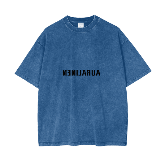 blue oversized Dreaming Tee with black AURALINEN text, 100% cotton, casual streetwear style