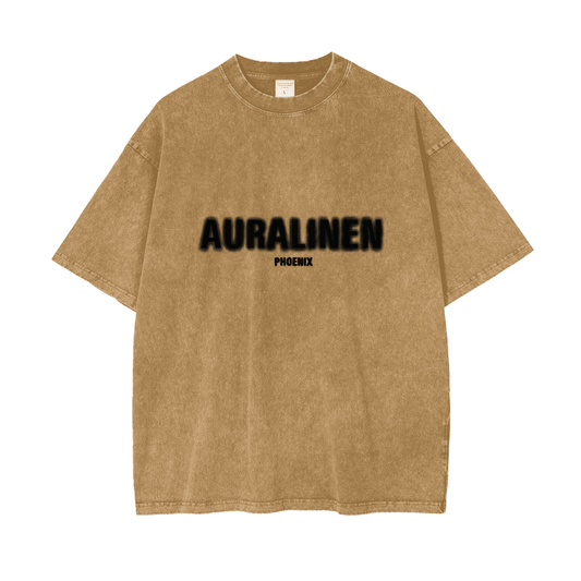 Brown Blurred Aura Tee with black AURALINEN PHOENIX print, loose fit, short sleeves, round neck, 100% cotton streetwear shirt