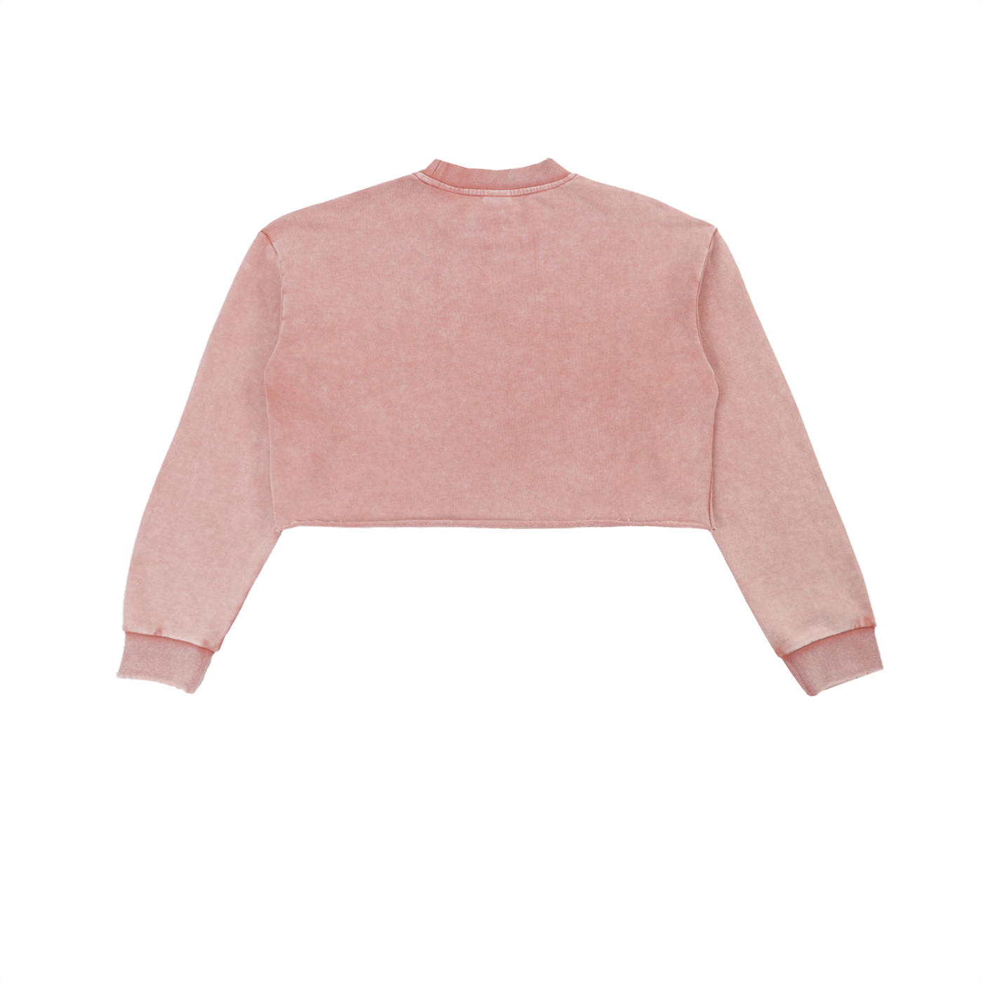 Snow washed raw edge cropped sweatshirt for women in pink, 100% cotton, thick fabric, loose fit, long sleeves, round neck, casual street style.