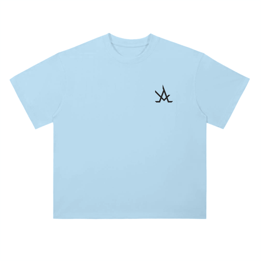 Light blue Android Graphic Tee with black futuristic logo, loose fit, 100% cotton, short sleeves, round neck, drop shoulder design.