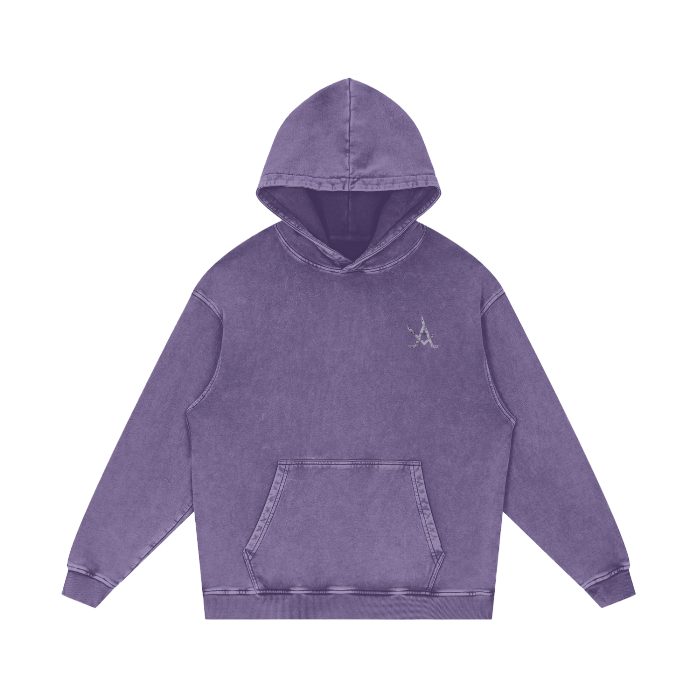 Unisex oversized purple logo acid wash hoodie with front pocket and rib cuffs, 100% cotton, casual streetwear style