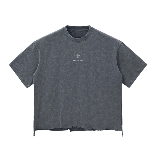 Unisex Snow Wash Raw-Hem boxy t-shirt in washed cotton with raw edges and front cross print