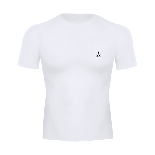 Men's white performance T-shirt with AURA logo, skinny fit, high stretch fabric, short raglan sleeves, and round neck.