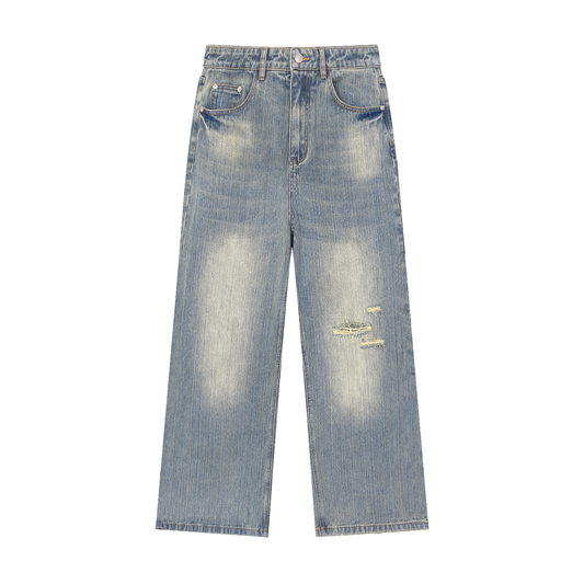 Blue Vintage Wash Distressed Denim Jeans - Aura Linen