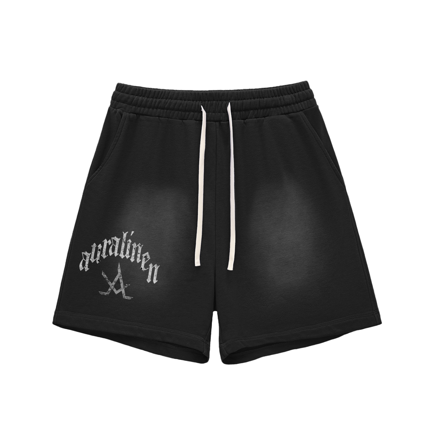 Black unisex Sun Fade Raw Edge Cotton Shorts with white drawstrings and printed design, loose fit for casual street style