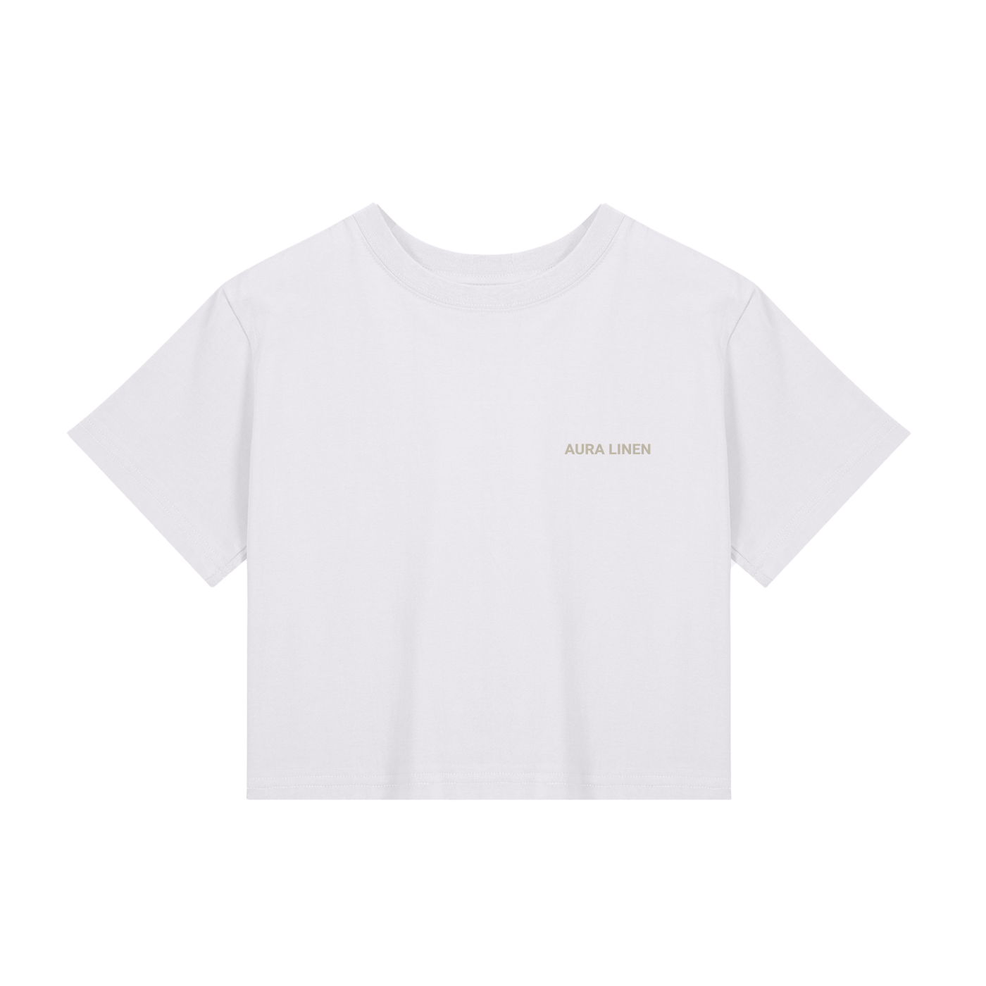 White cropped Aura Linen crewneck tee in relaxed street fit, 100% cotton, short sleeves, casual style