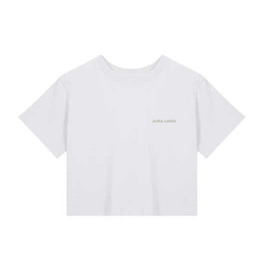 White cropped Aura Linen crewneck tee in relaxed street fit, 100% cotton, short sleeves, casual style