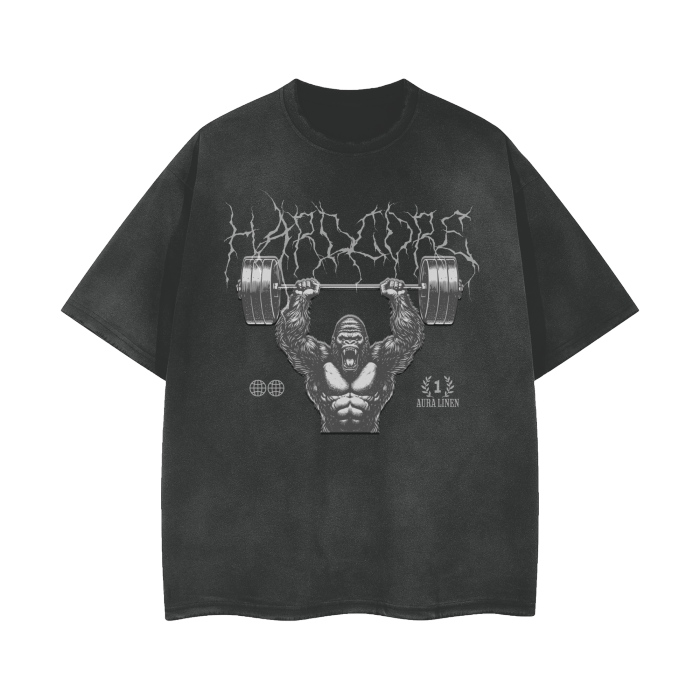 Black Hardcore Gorilla Vintage Tee with muscular gorilla lifting weights graphic and vintage wash finish