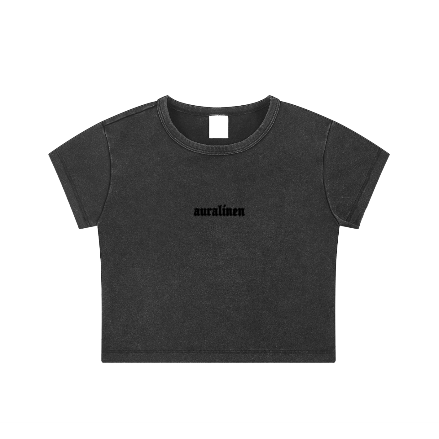 Black snow washed crop top for women with short sleeves and printed text on front