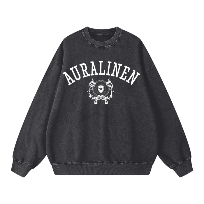Preppy crewneck sweater in acid wash black with collegiate logo, oversized loose fit, 100% cotton pullover for casual and street style.