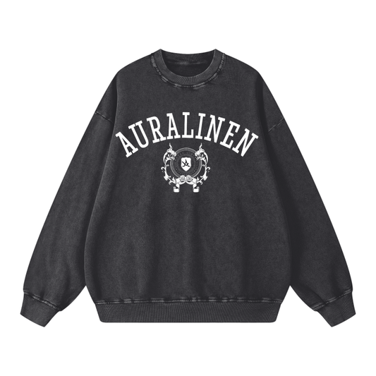 Preppy crewneck sweater in acid wash black with collegiate logo, oversized loose fit, 100% cotton pullover for casual and street style.