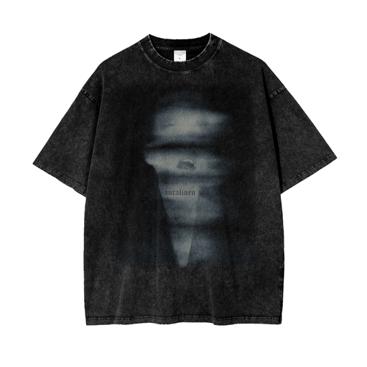 Lost in Aura dark streetwear graphic tee with snow wash finish and loose fit