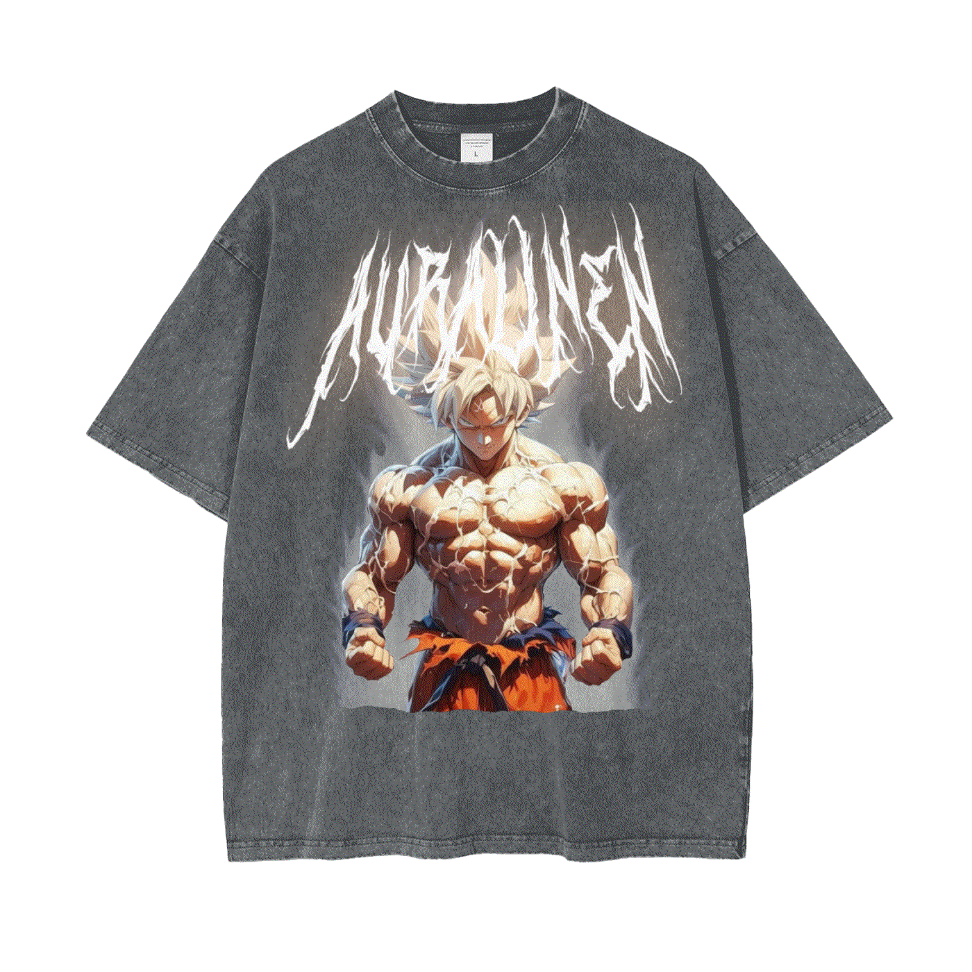 Goku Aura graphic tee with muscular anime character on black washed cotton shirt