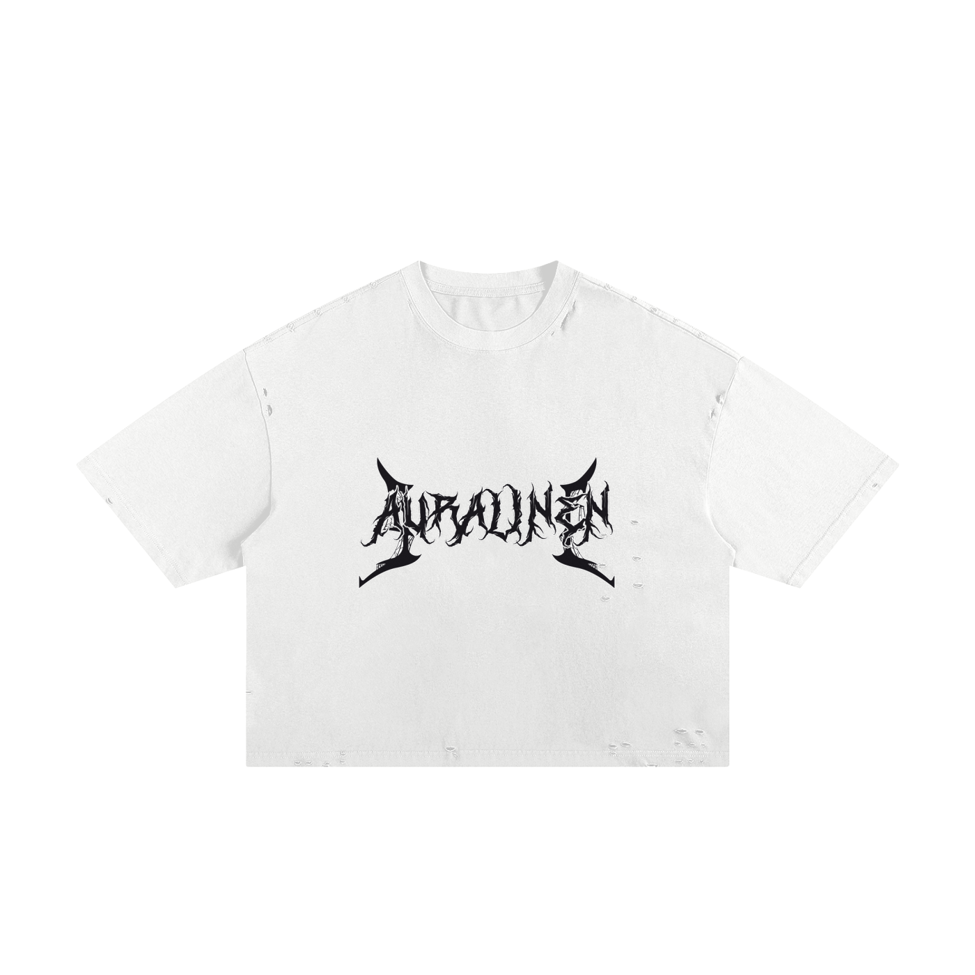 White AuraLinen Tee loose fit cropped cotton t-shirt with black logo print and distressed details